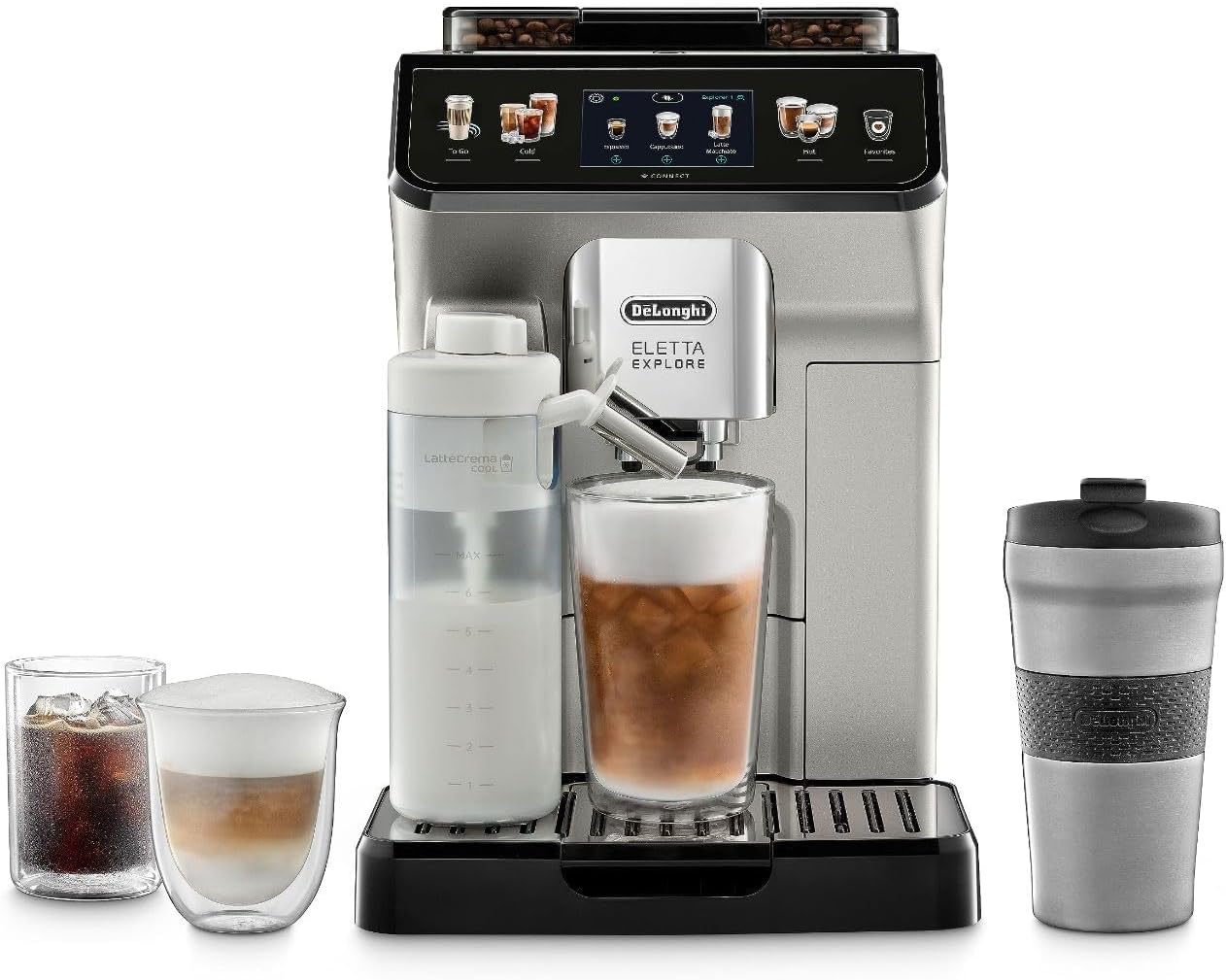 De'Longhi Eletta Explore Cold Brew Espresso Coffee Machine, Automatic Hot and Cold Milk Frother for 50+ One-Touch Recipes, Built-in Grinder, ECAM45086S