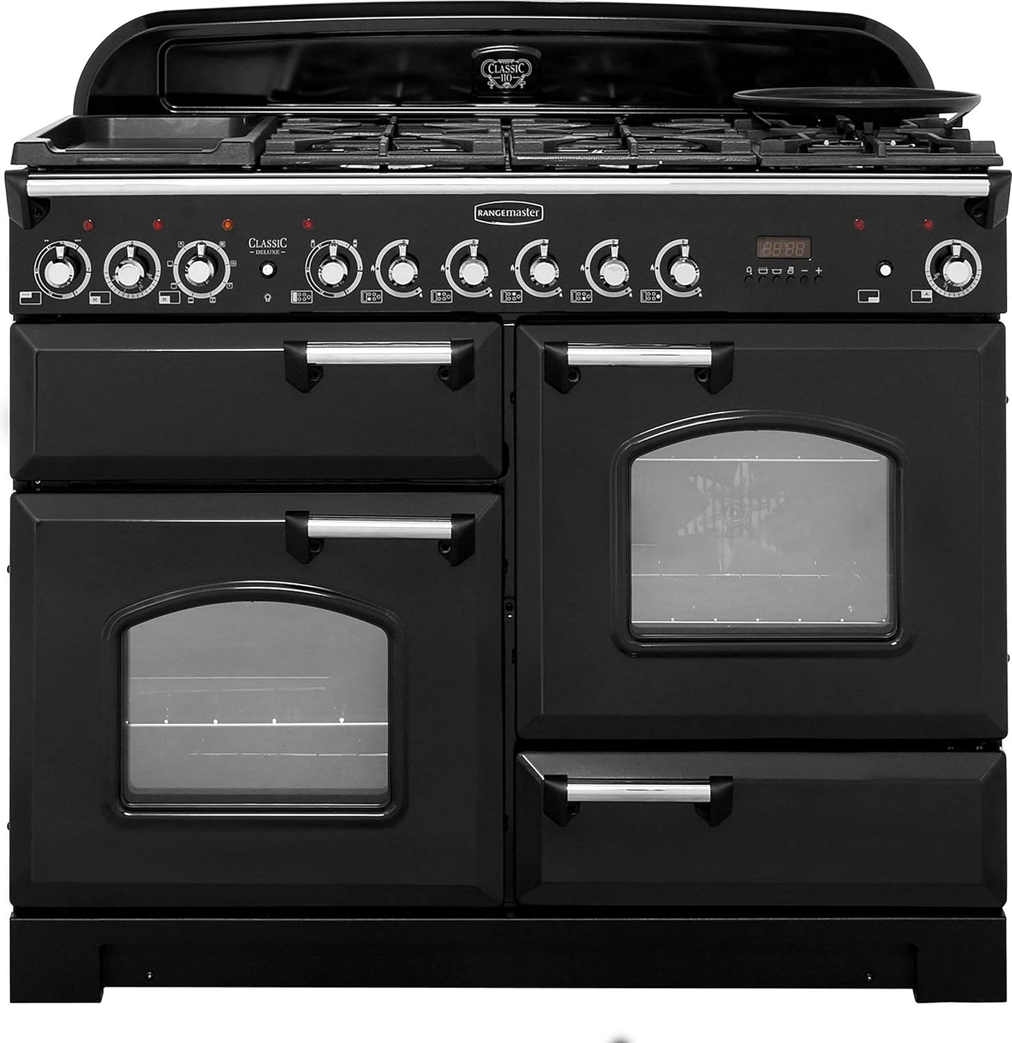 Rangemaster Classic Deluxe CDL110DFFBL/C 110cm Dual Fuel Range Cooker - Black / Chrome